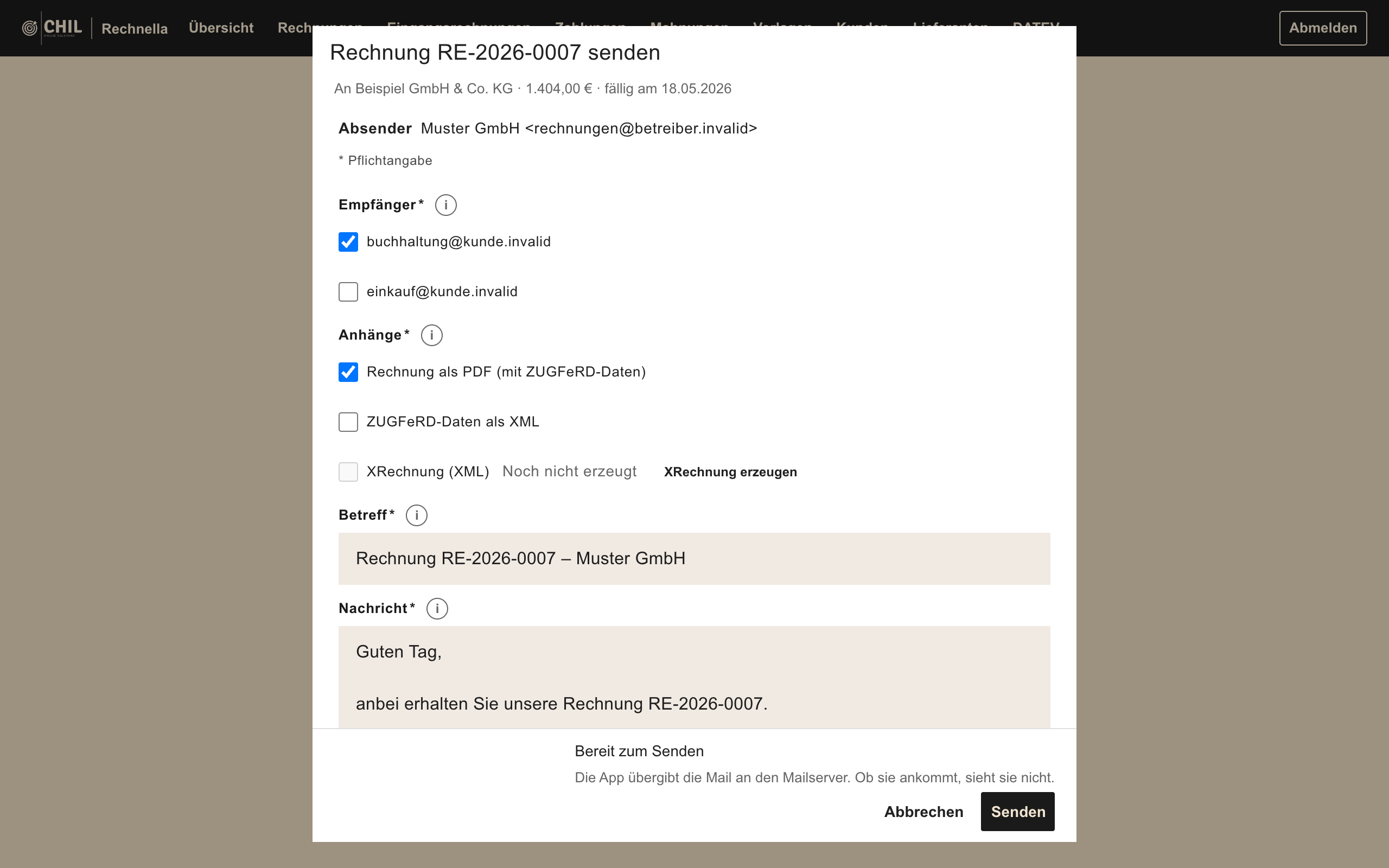 Versanddialog in Rechnella: Empfänger auswählen, Anhänge PDF mit ZUGFeRD-Daten und XRechnung, Betreff und Nachricht.